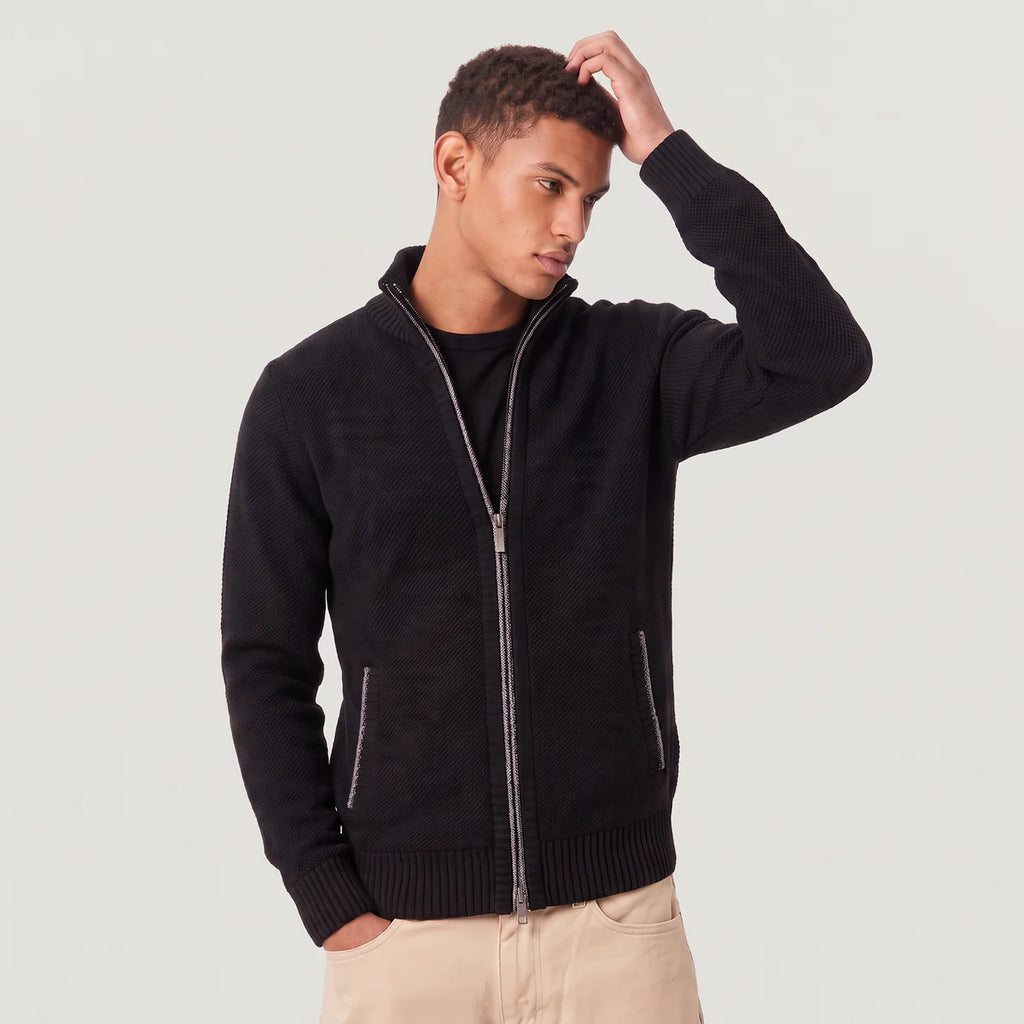 Men's Full-Zip Textured Knit Cardigan – Stand Collar Sweater | Nero & Luya