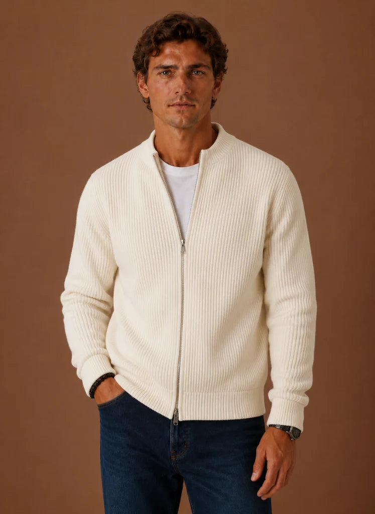 Men's Full Zip Knit Cardigan Sweater Ribbed Zip-Up Jacket | Nero & Luya