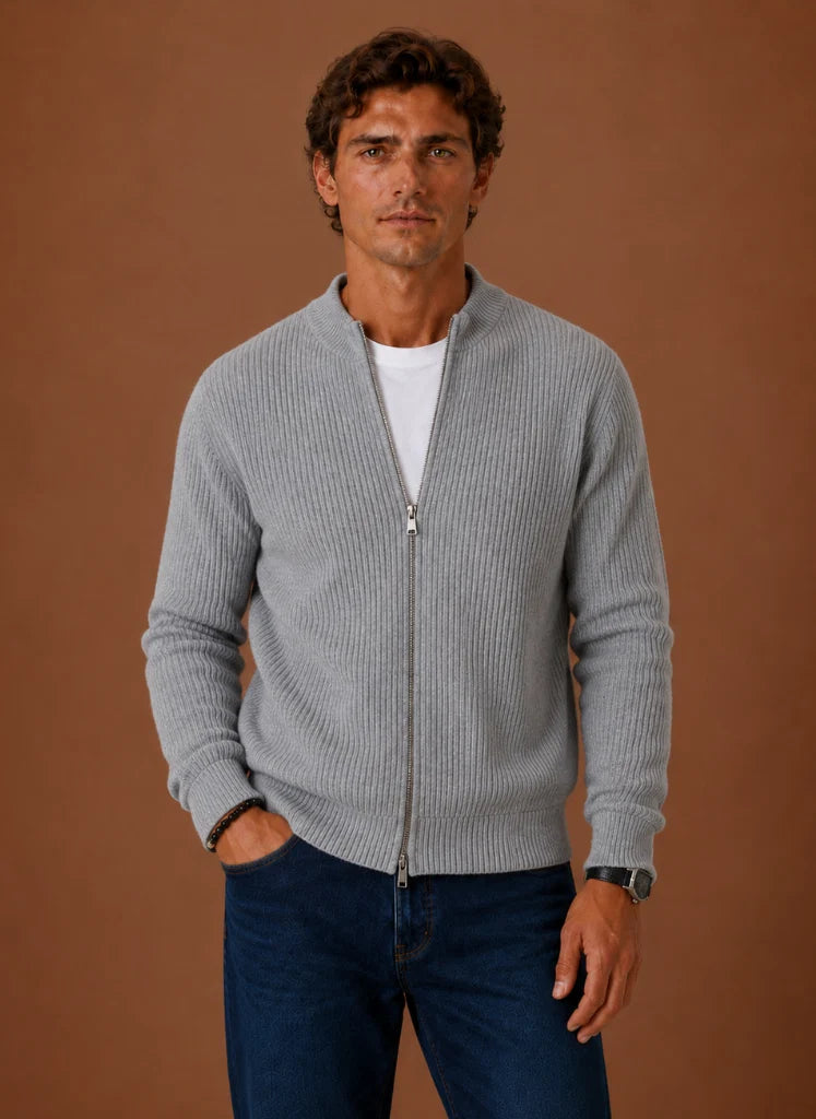 Men's Full Zip Knit Cardigan Sweater Ribbed Zip-Up Jacket | Nero & Luya