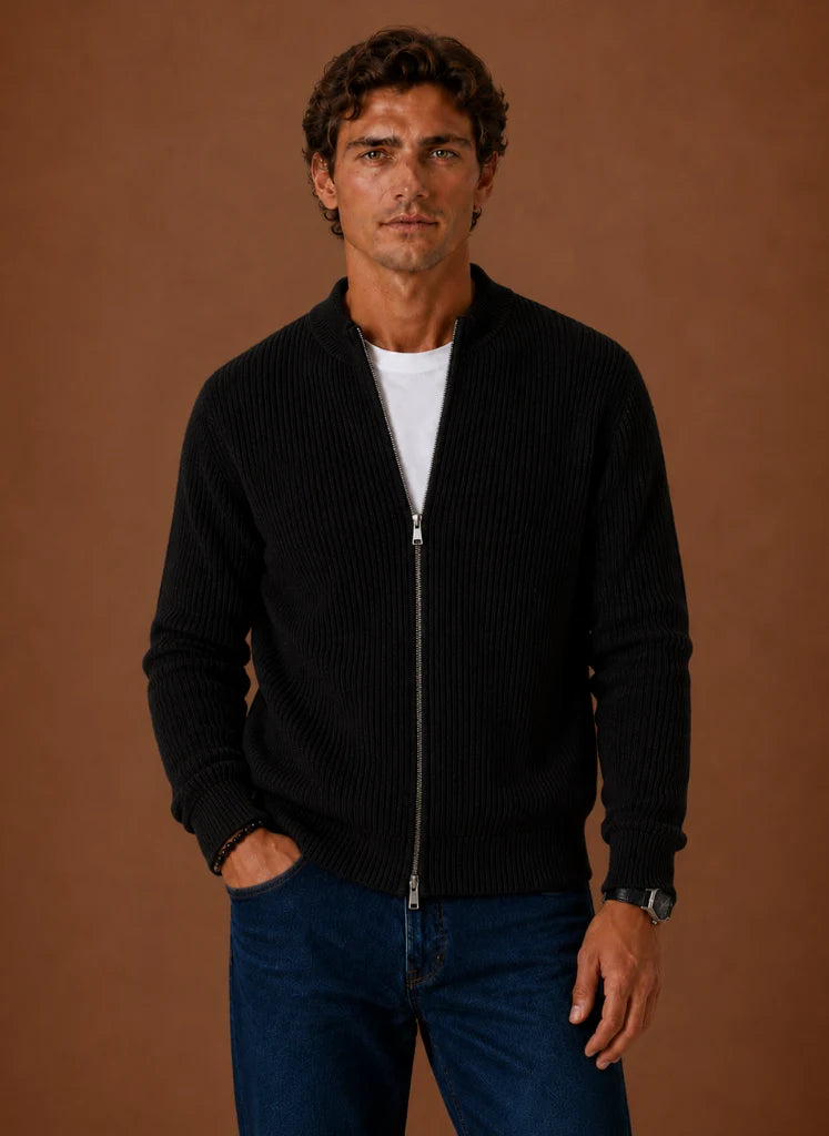 Men's Full Zip Knit Cardigan Sweater Ribbed Zip-Up Jacket | Nero & Luya