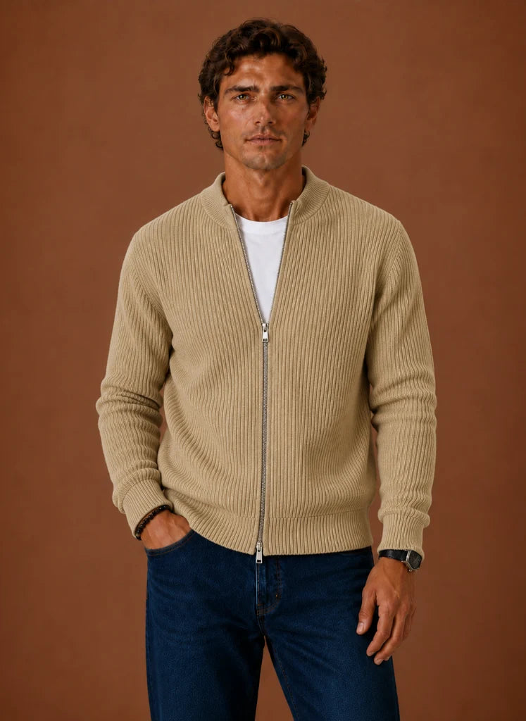 Men's Full Zip Knit Cardigan Sweater Ribbed Zip-Up Jacket | Nero & Luya