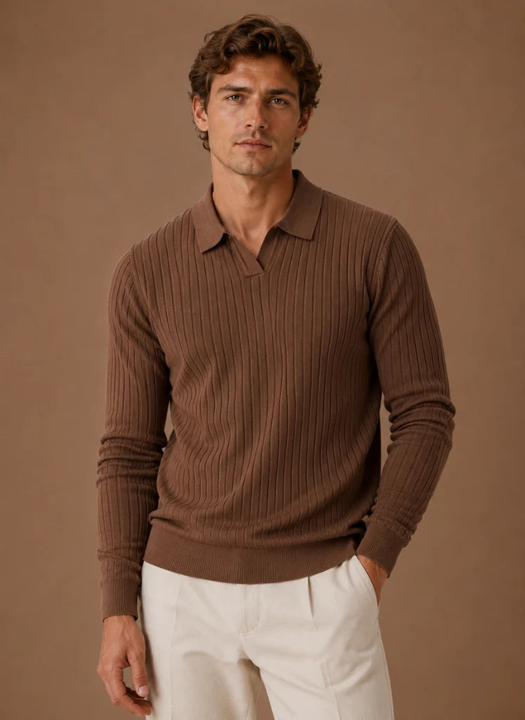 Men's Ribbed Knit Polo Sweater Business Casual Pullover | Nero & Luya