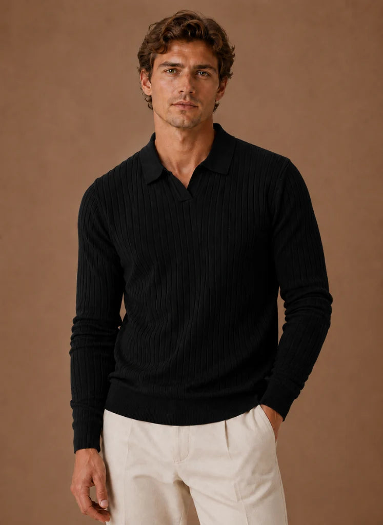 Men's Ribbed Knit Polo Sweater Business Casual Pullover | Nero & Luya