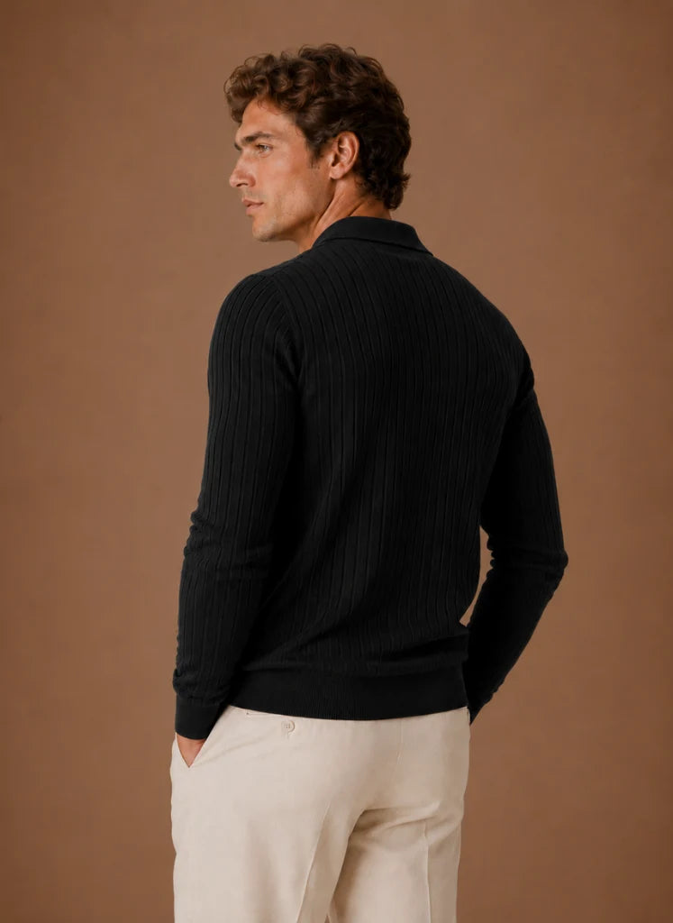 Men's Ribbed Knit Polo Sweater Business Casual Pullover | Nero & Luya