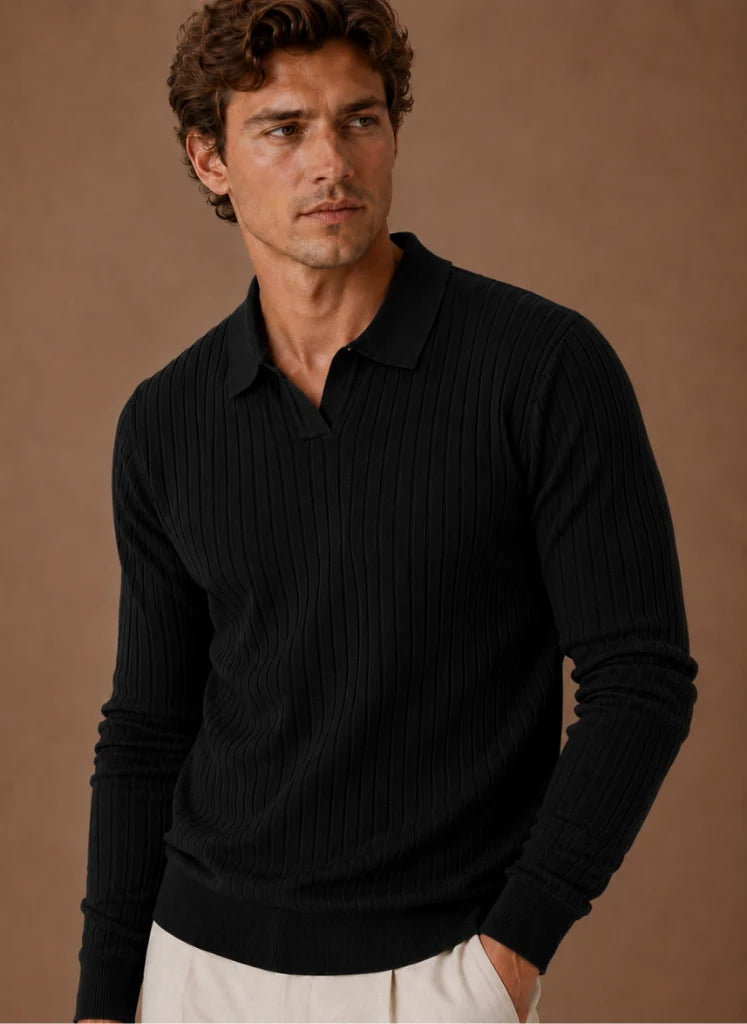 Men's Ribbed Knit Polo Sweater Business Casual Pullover | Nero & Luya