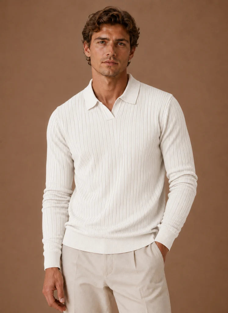 Men's Ribbed Knit Polo Sweater Business Casual Pullover | Nero & Luya