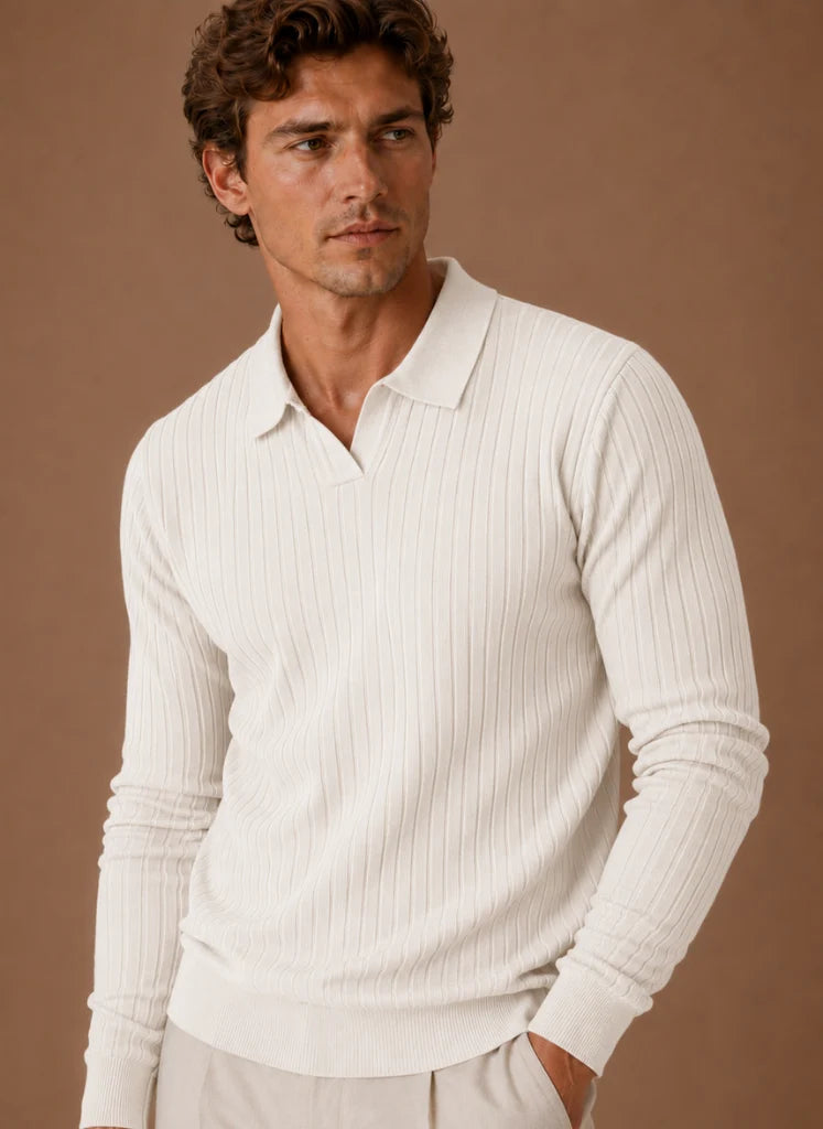 Men's Ribbed Knit Polo Sweater Business Casual Pullover | Nero & Luya