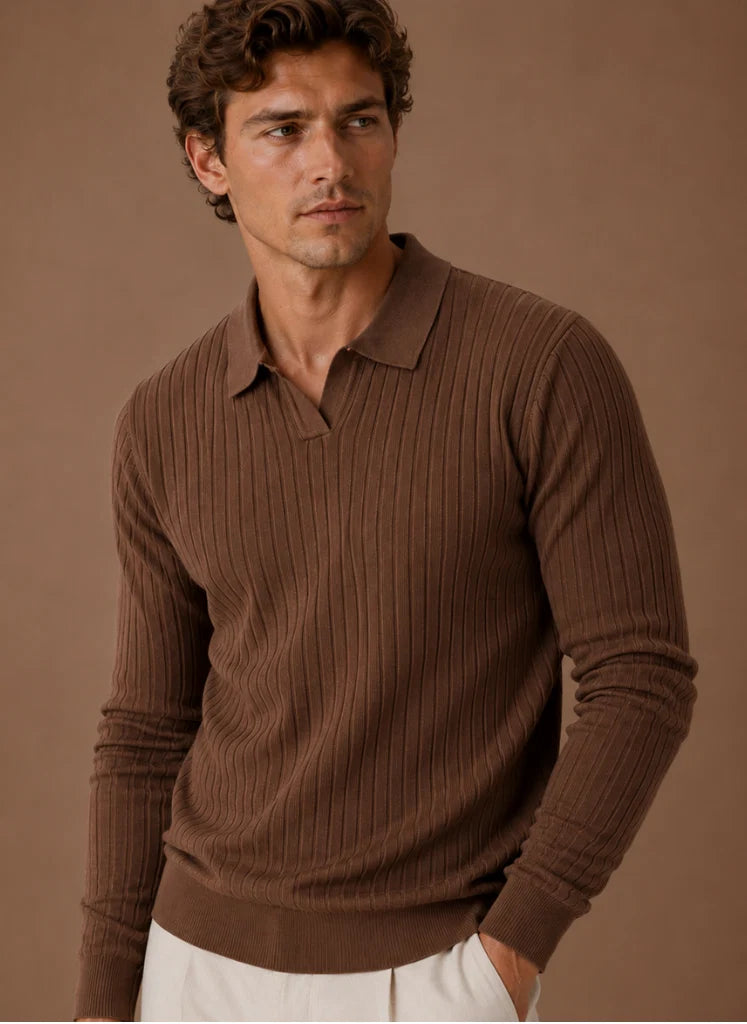 Men's Ribbed Knit Polo Sweater Business Casual Pullover | Nero & Luya