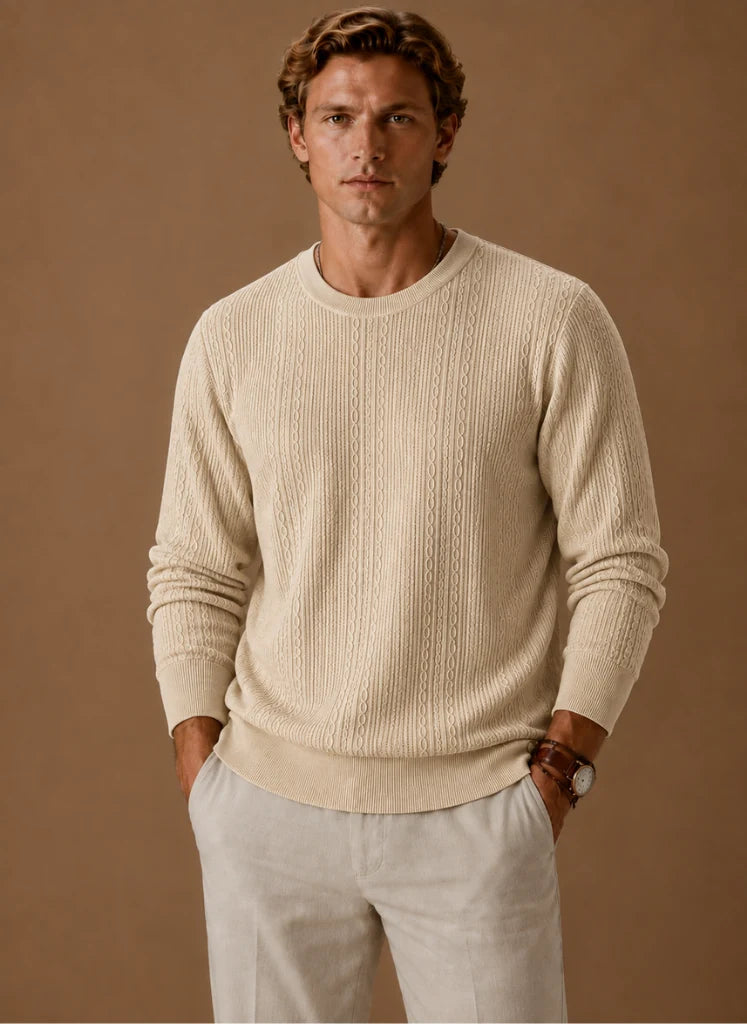 Men's Cable Knit Sweater – Crew Neck Textured Pullover | Nero & Luya