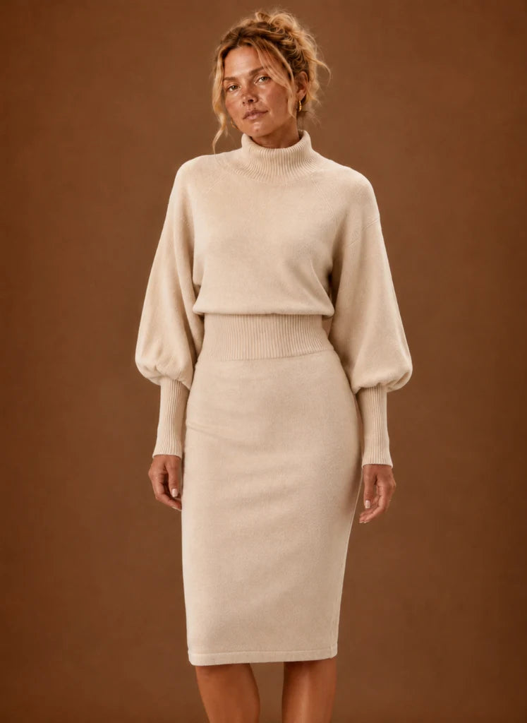 Sweater Dress for Women - Turtleneck Midi Fitted Knit | Nero & Luya