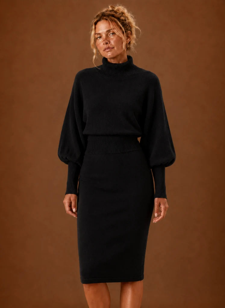 Sweater Dress for Women - Turtleneck Midi Fitted Knit | Nero & Luya