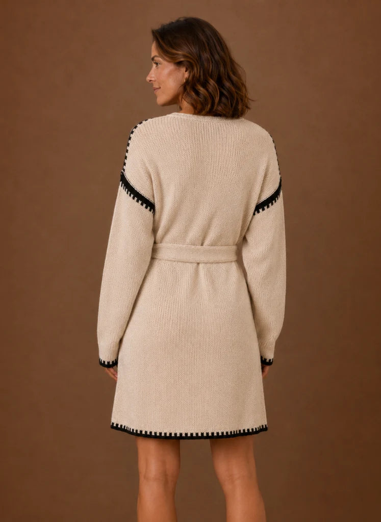 Women’s V-Neck Knit Sweater Dress with Waist Belt | Nero & Luya