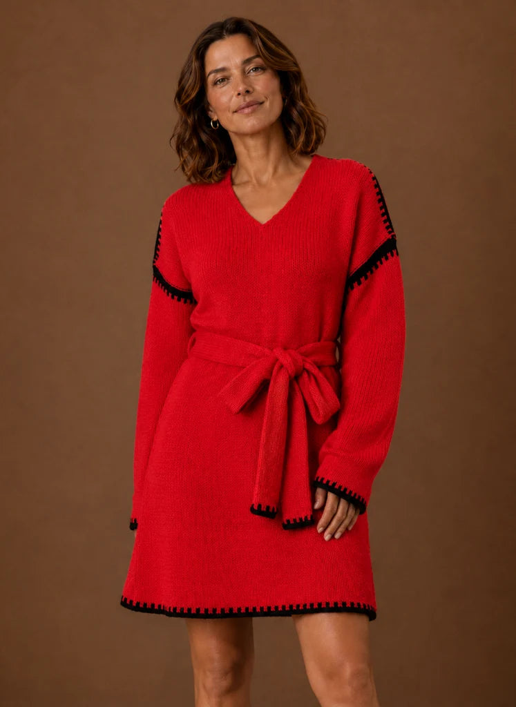 Women’s V-Neck Knit Sweater Dress with Waist Belt | Nero & Luya
