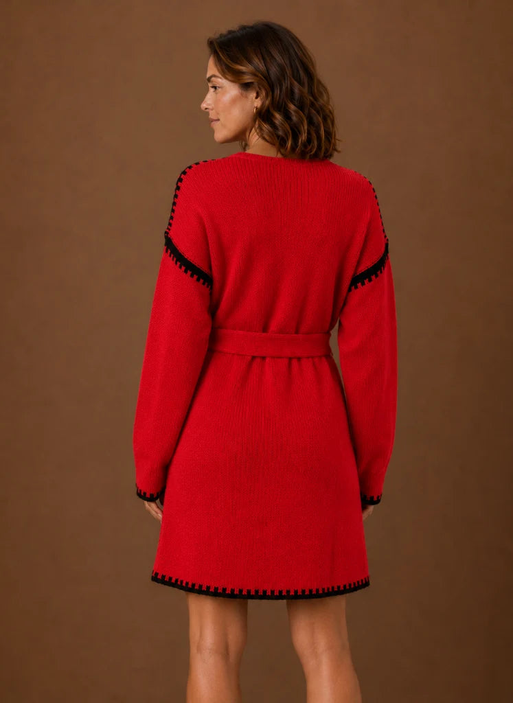 Women’s V-Neck Knit Sweater Dress with Waist Belt | Nero & Luya