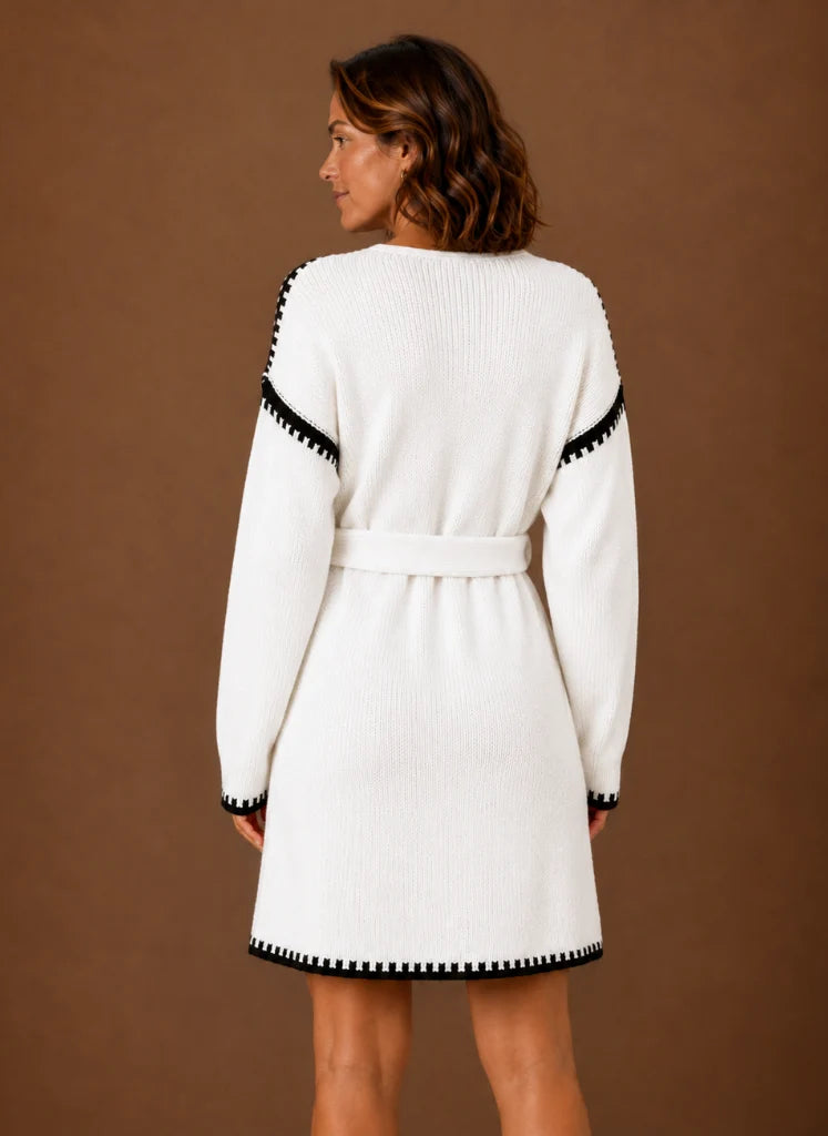 Women’s V-Neck Knit Sweater Dress with Waist Belt | Nero & Luya