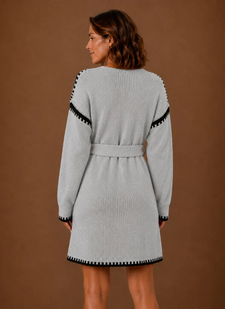 Women’s V-Neck Knit Sweater Dress with Waist Belt | Nero & Luya