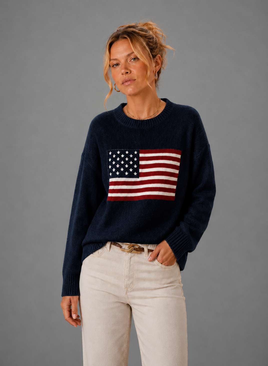 Women's Crew Neck Knit Pullover – American Flag Sweater | Nero & Luya