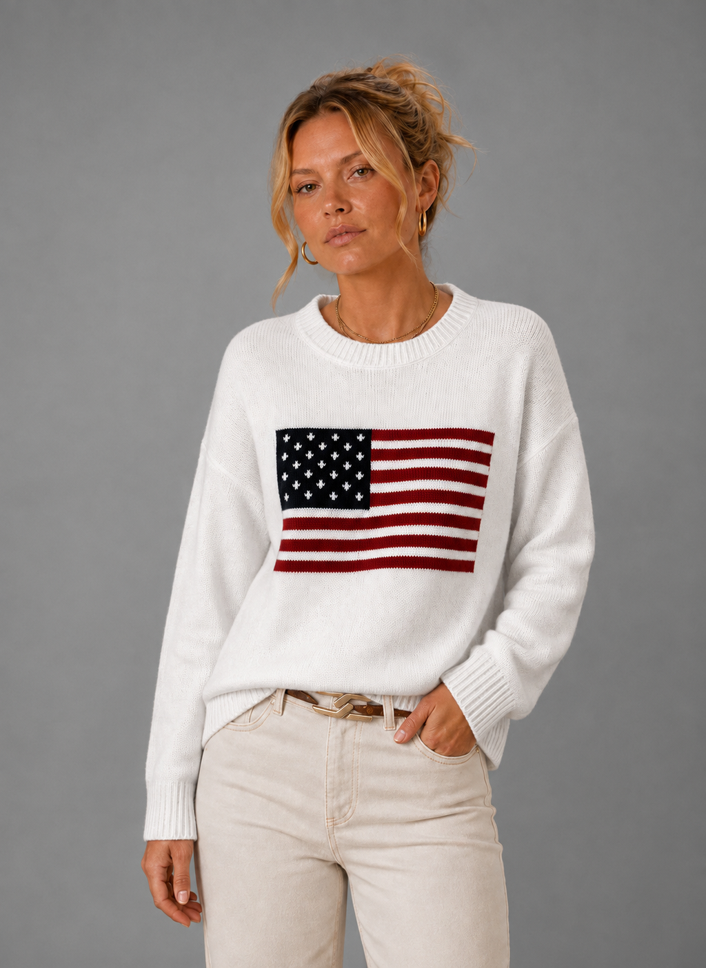 Women's Crew Neck Knit Pullover – American Flag Sweater | Nero & Luya