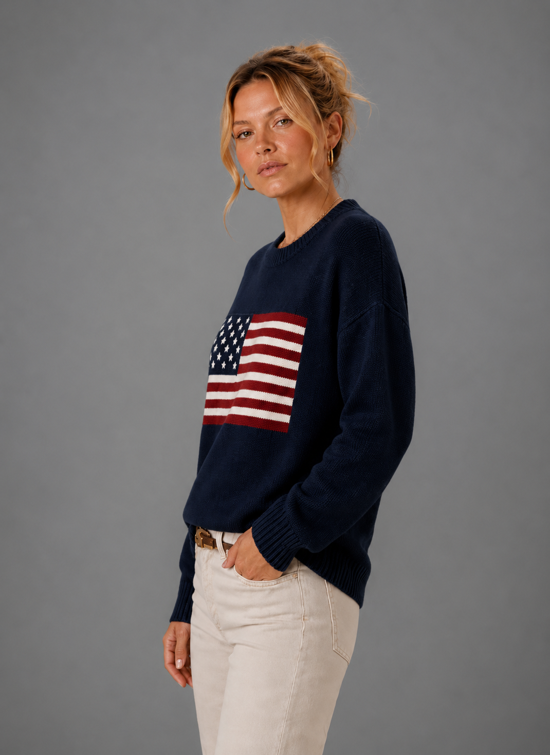 Women's Crew Neck Knit Pullover – American Flag Sweater | Nero & Luya