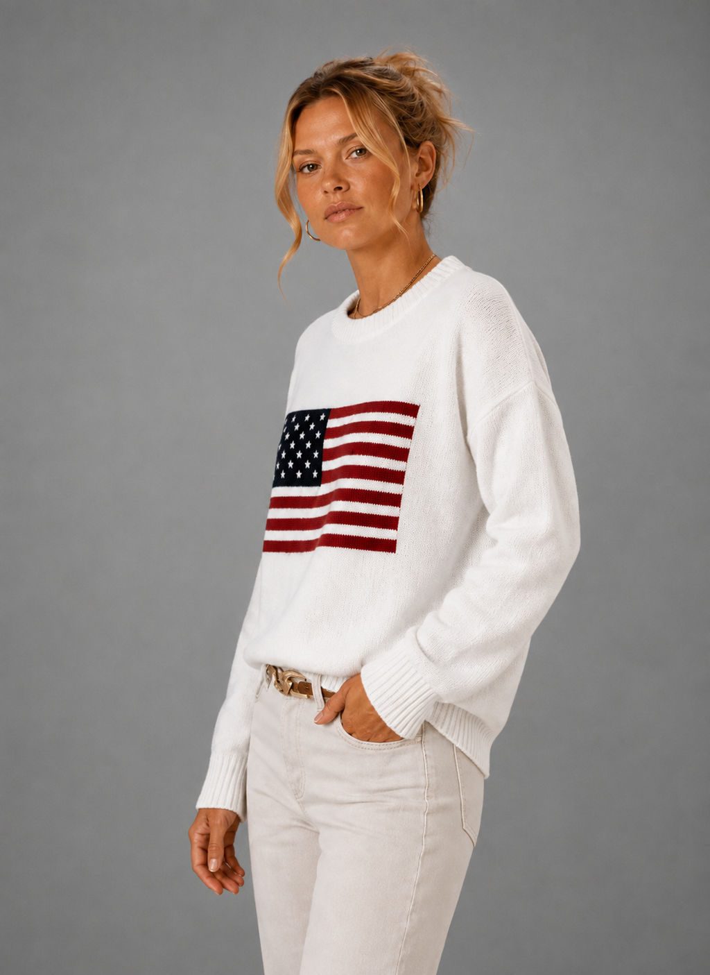 Women's Crew Neck Knit Pullover – American Flag Sweater | Nero & Luya