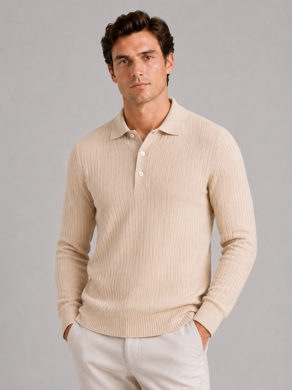 Men's Ribbed Long Sleeve Polo Shirt – Lightweight Knit Button Polo | Nero & Luya