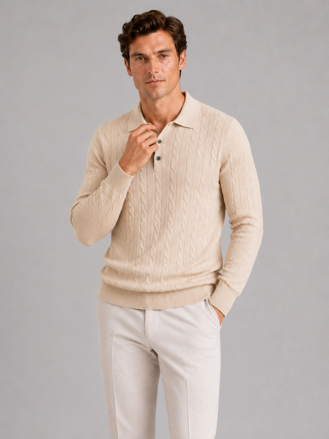 Men's Cable Knit Polo Sweater – Long Sleeve Collared Winter Knit | Nero & Luya