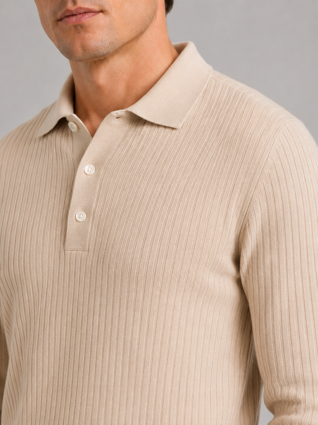 Men's Ribbed Long Sleeve Polo Shirt – Lightweight Knit Button Polo | Nero & Luya