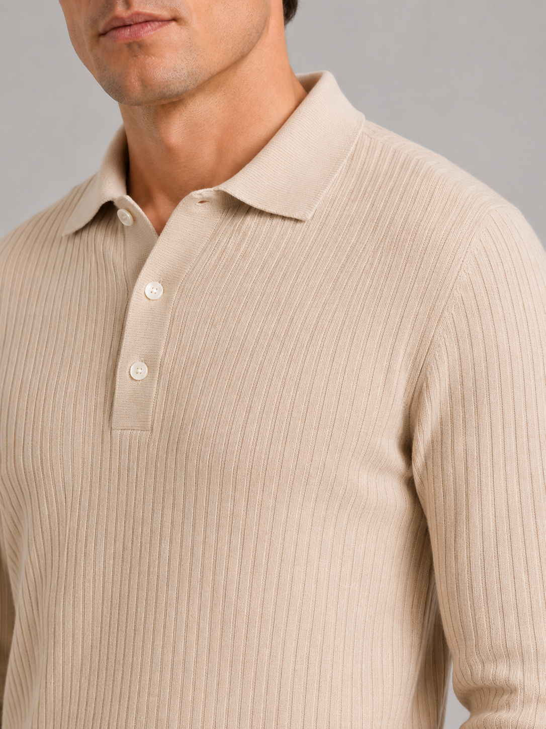 Men's Ribbed Long Sleeve Polo Shirt – Lightweight Knit Button Polo | Nero & Luya