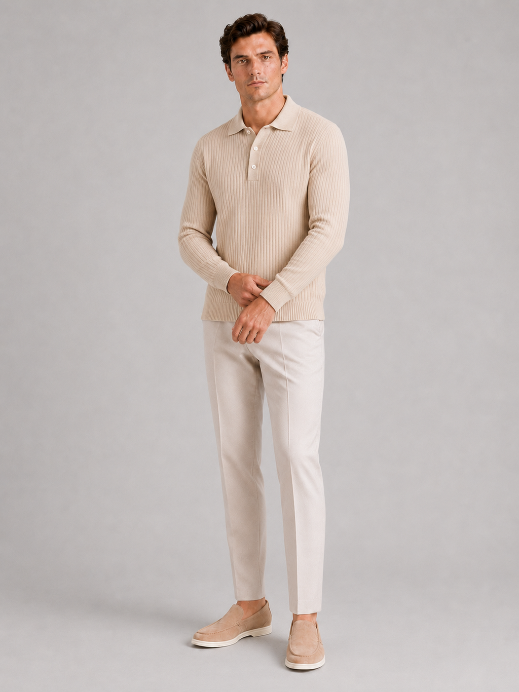 Men's Ribbed Long Sleeve Polo Shirt – Lightweight Knit Button Polo | Nero & Luya