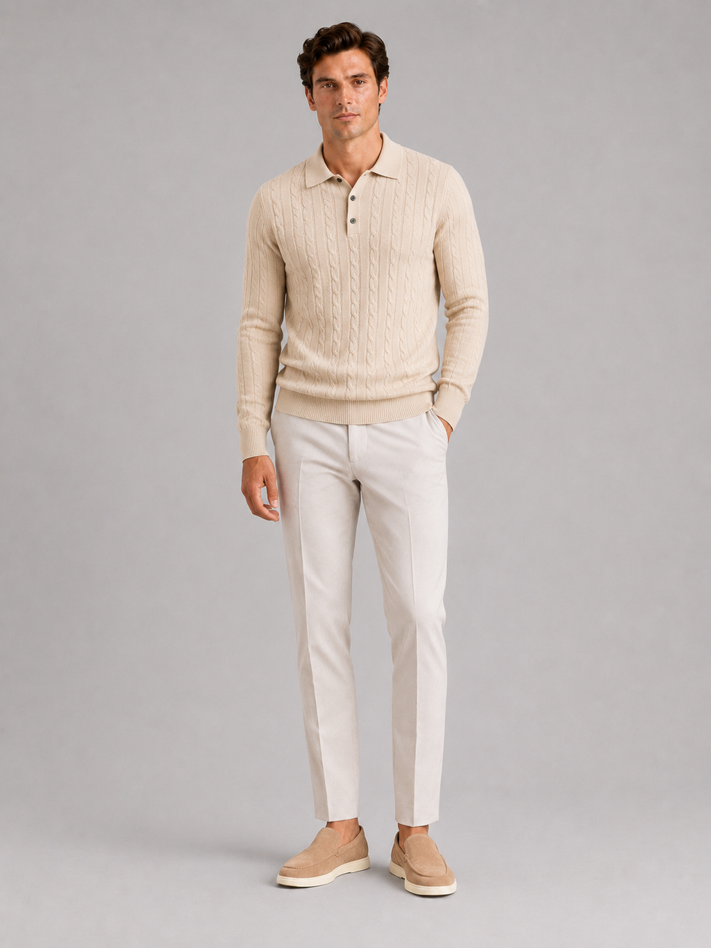 Men's Cable Knit Polo Sweater – Long Sleeve Collared Winter Knit | Nero & Luya