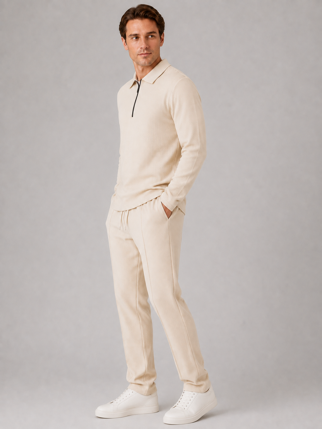 Polo And Trousers Co-Ord Set in Beige