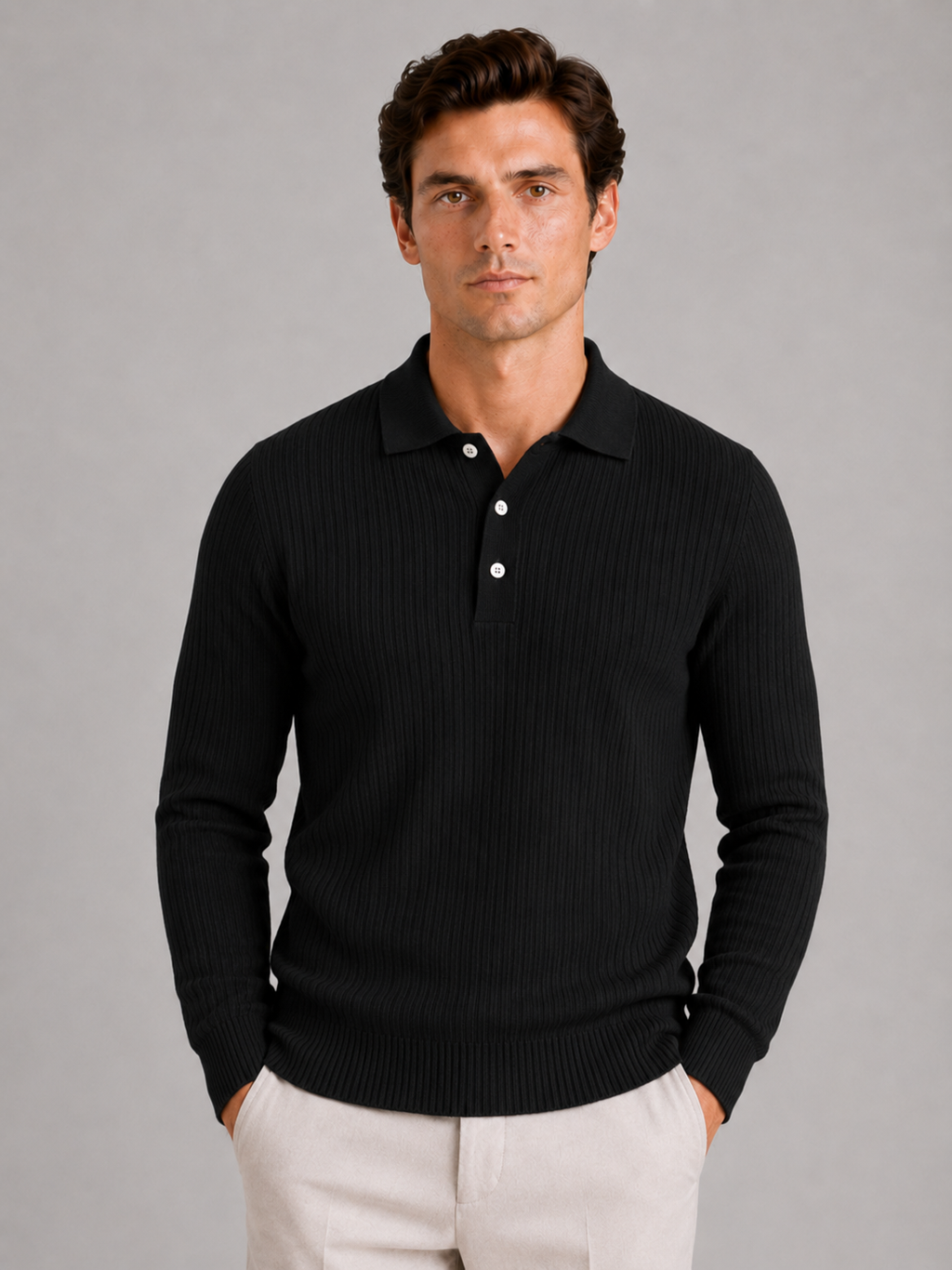 Men's Ribbed Long Sleeve Polo Shirt – Lightweight Knit Button Polo | Nero & Luya