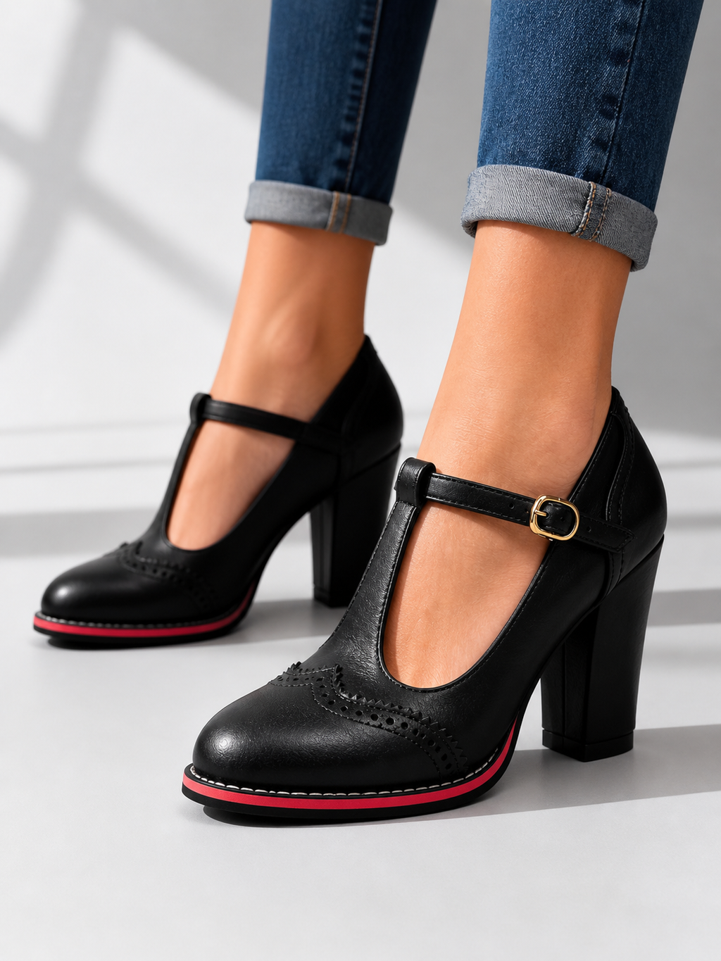 T-Bar Brogue Shoes in Black
