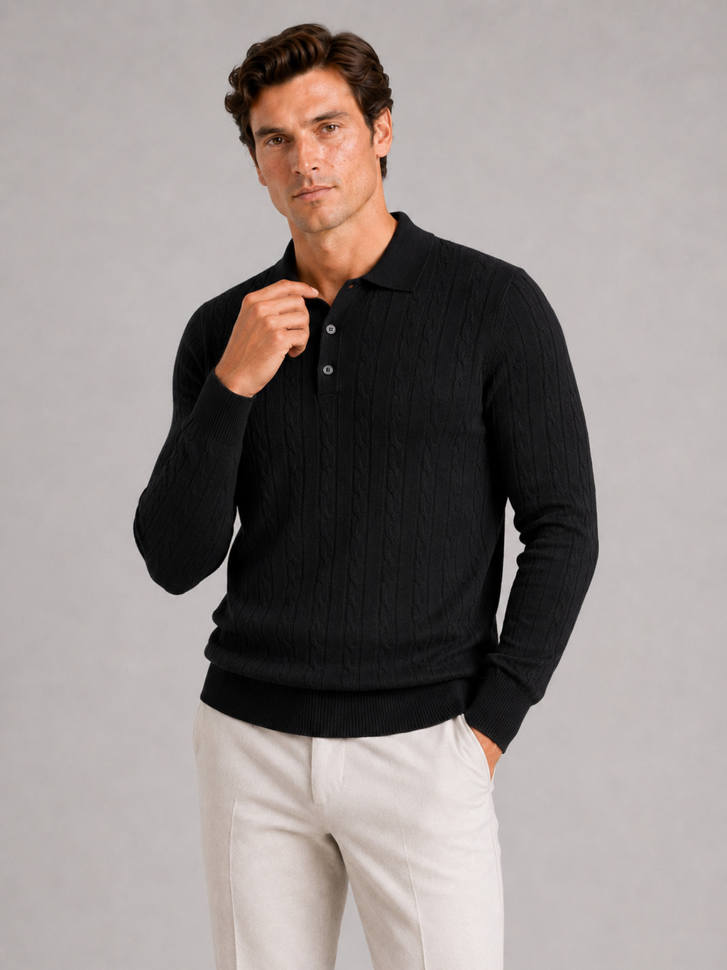 Men's Cable Knit Polo Sweater – Long Sleeve Collared Winter Knit | Nero & Luya
