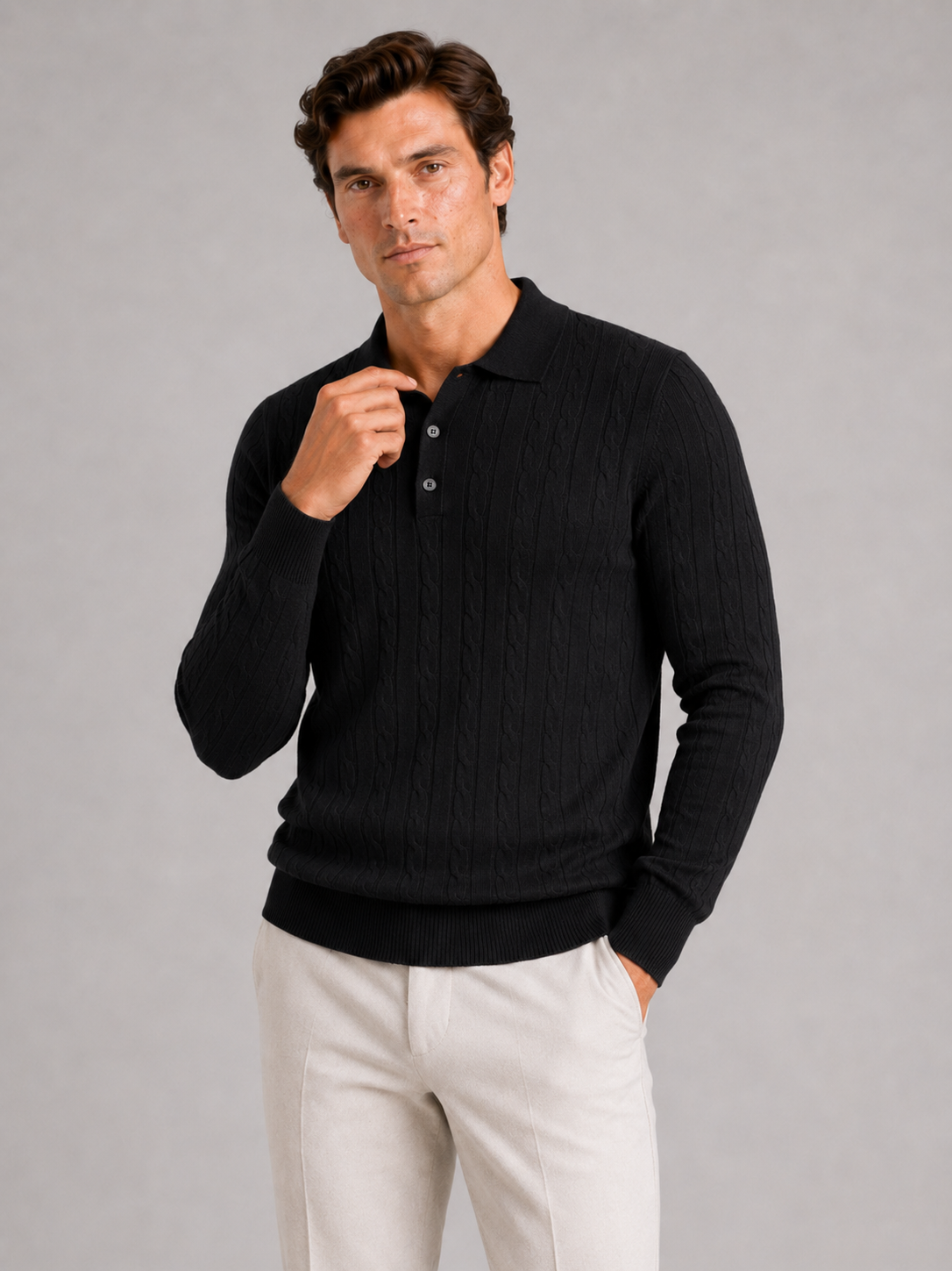 Men's Cable Knit Polo Sweater – Long Sleeve Collared Winter Knit | Nero & Luya