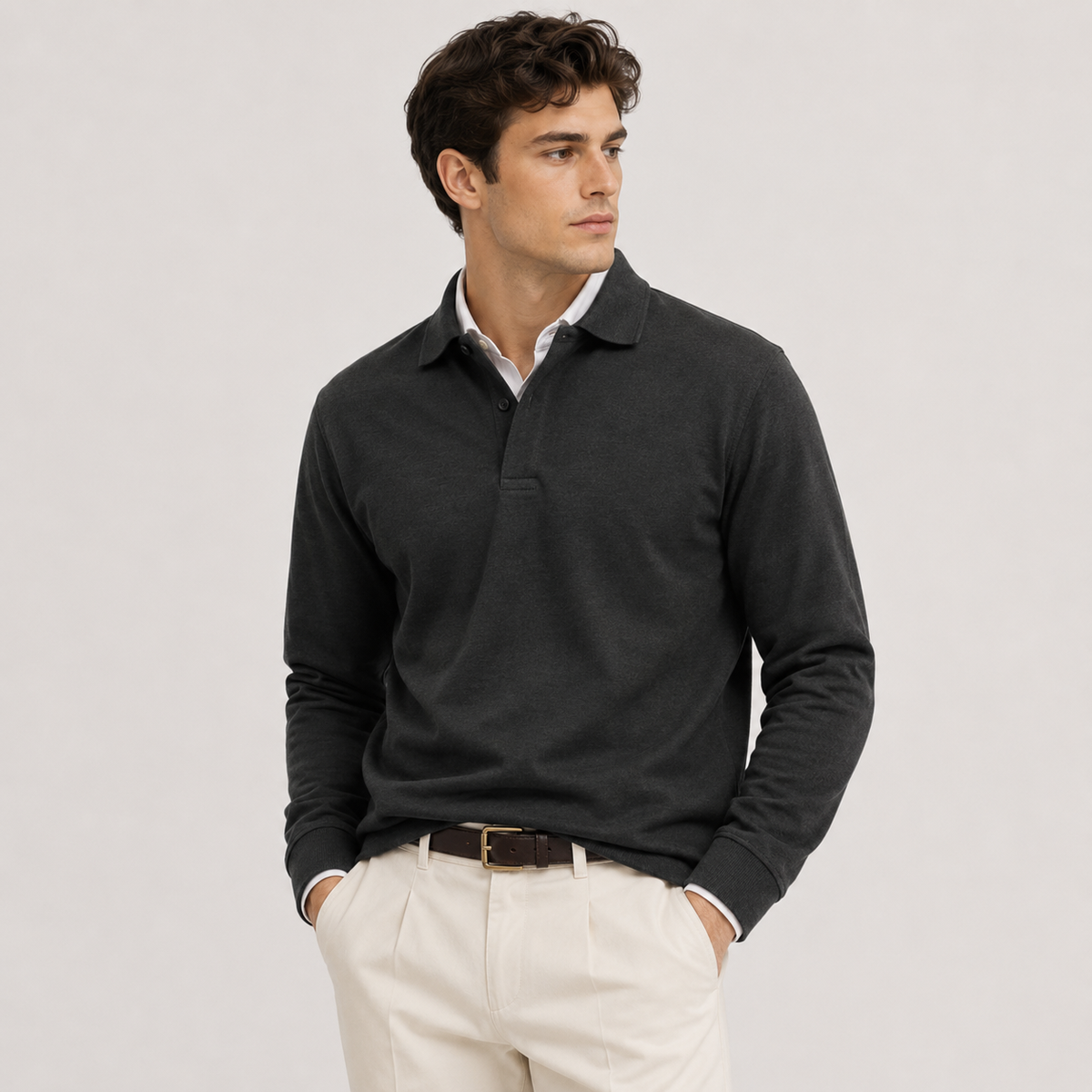 Polo Shirts Men Long Sleeve in Black