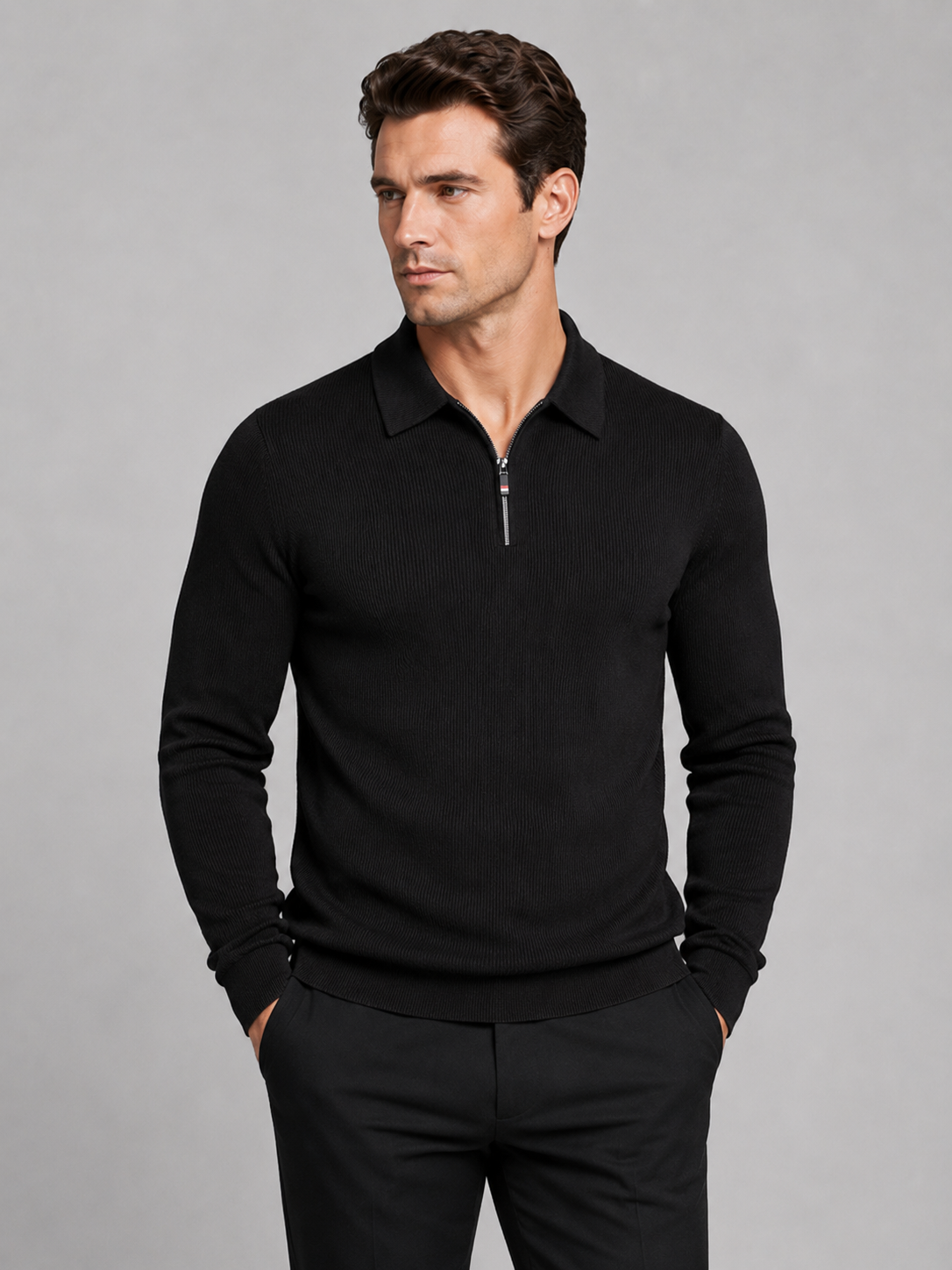 Men's Quarter Zip Long Sleeve Polo – Regular Fit Smooth Knit Top | Nero & Luya