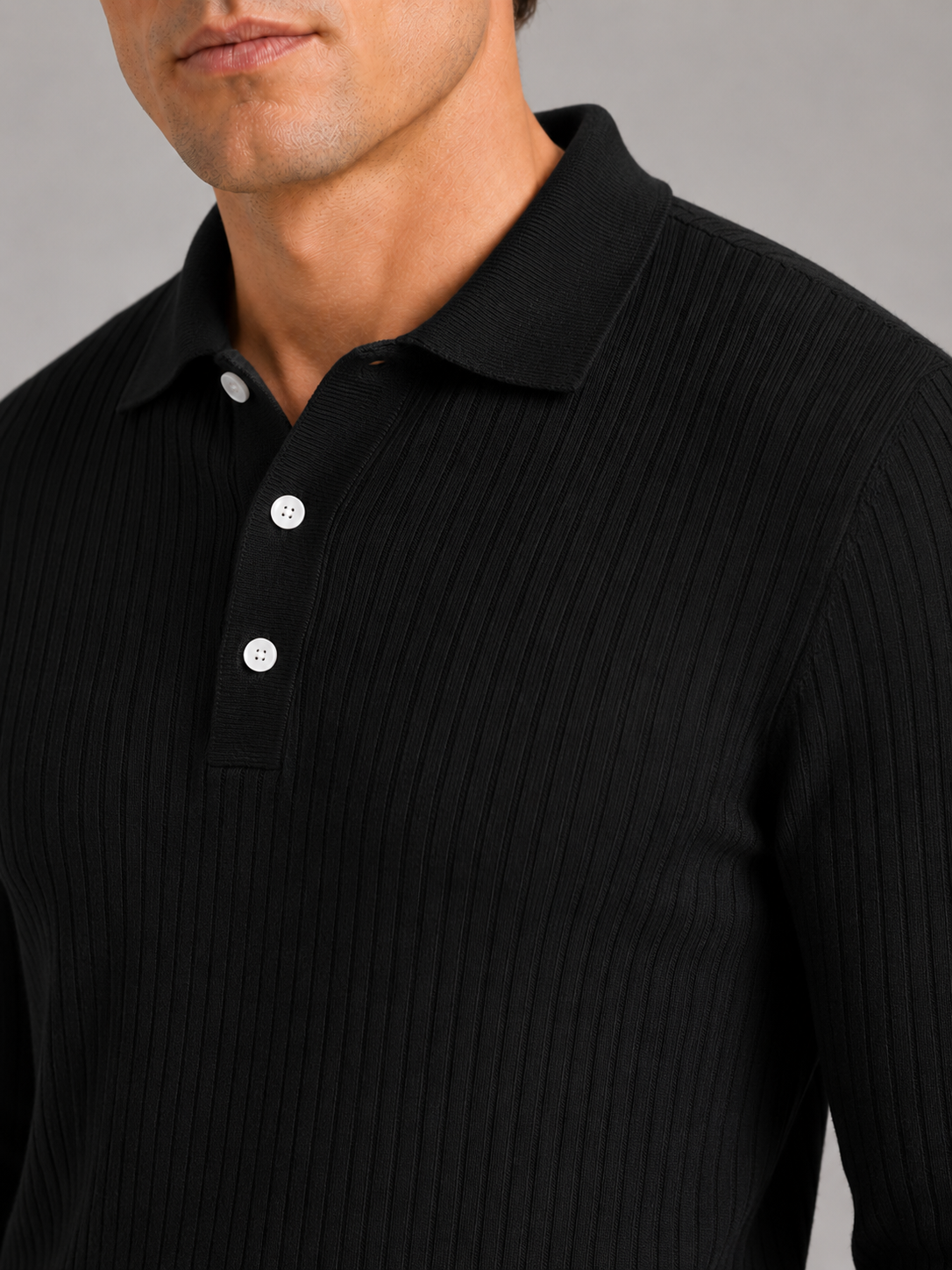 Men's Ribbed Long Sleeve Polo Shirt – Lightweight Knit Button Polo | Nero & Luya