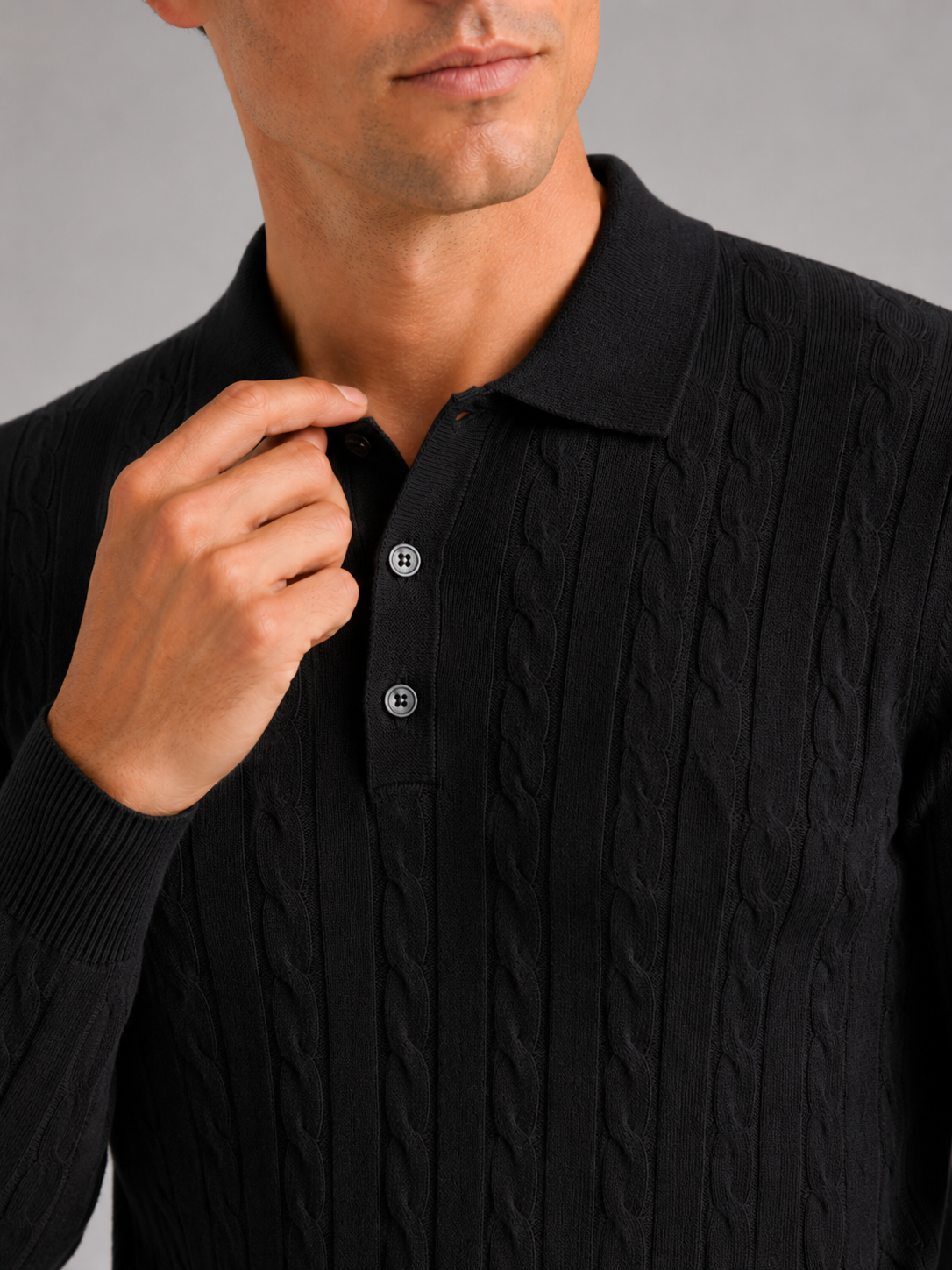 Men's Cable Knit Polo Sweater – Long Sleeve Collared Winter Knit | Nero & Luya