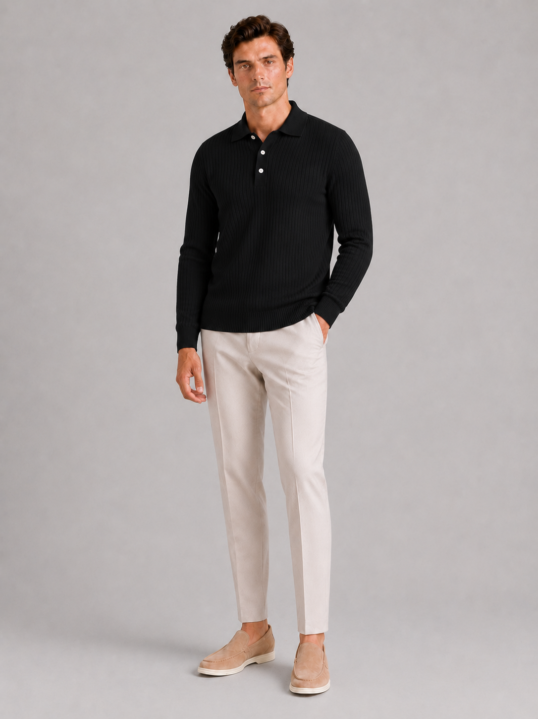 Men's Ribbed Long Sleeve Polo Shirt – Lightweight Knit Button Polo | Nero & Luya