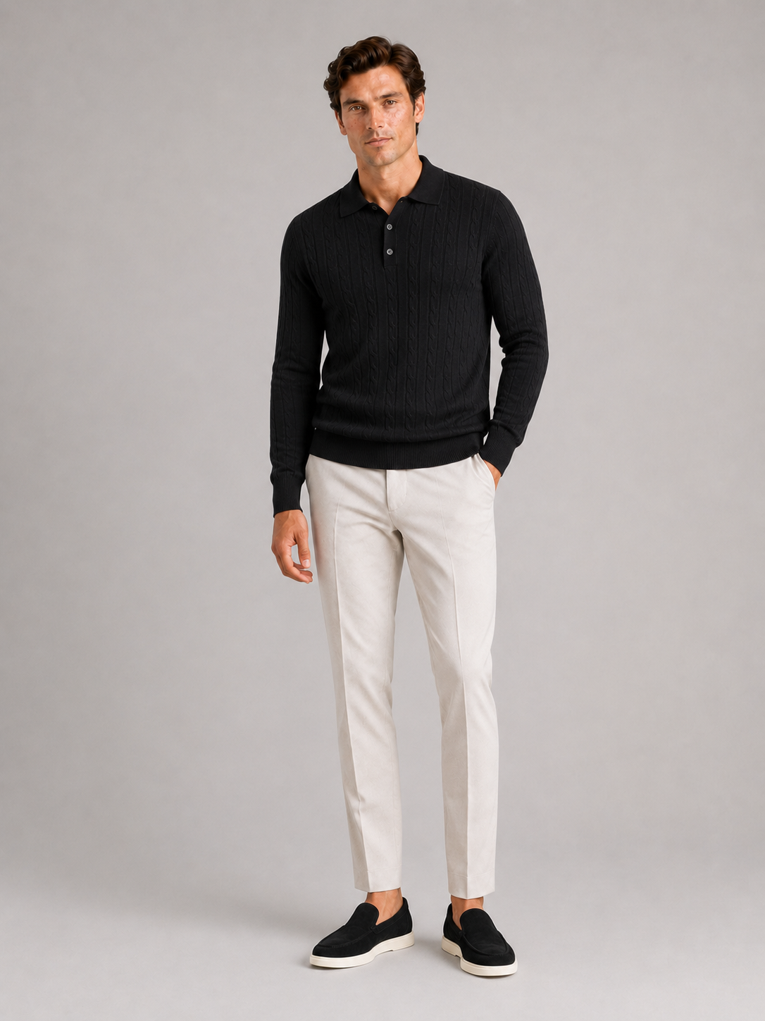 Men's Cable Knit Polo Sweater – Long Sleeve Collared Winter Knit | Nero & Luya