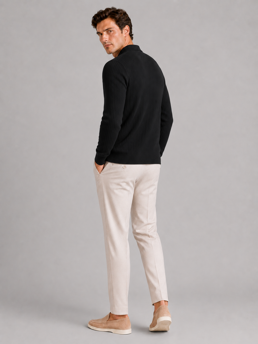 Men's Ribbed Long Sleeve Polo Shirt – Lightweight Knit Button Polo | Nero & Luya