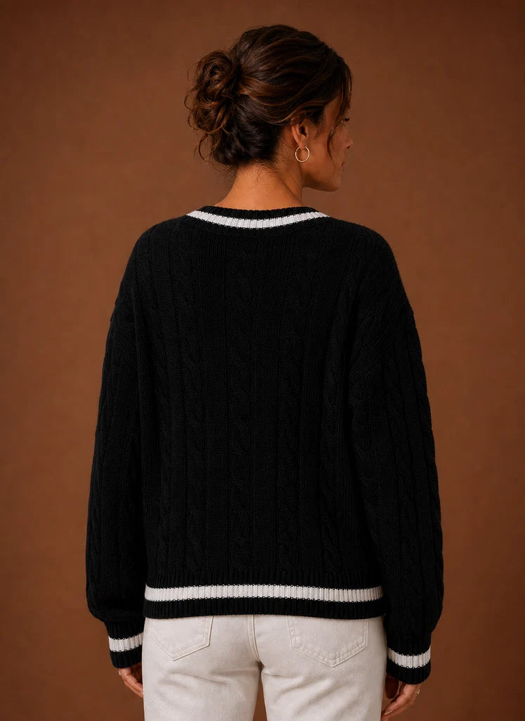 Women's Cable Knit Sweater - V-Neck Long Sleeve Pullover | Nero & Luya