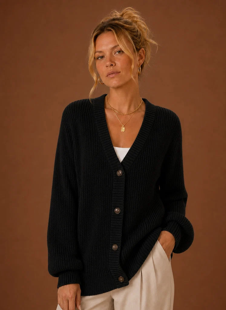 Women's V-Neck Knit Cardigan - Button Front Long Sleeve Sweater | Nero & Luya