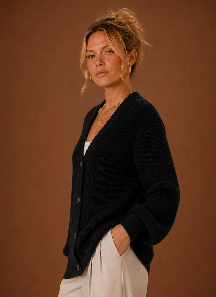 Women's V-Neck Knit Cardigan - Button Front Long Sleeve Sweater | Nero & Luya