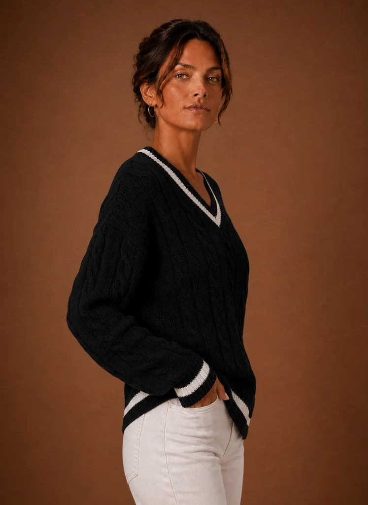 Women's Cable Knit Sweater - V-Neck Long Sleeve Pullover | Nero & Luya