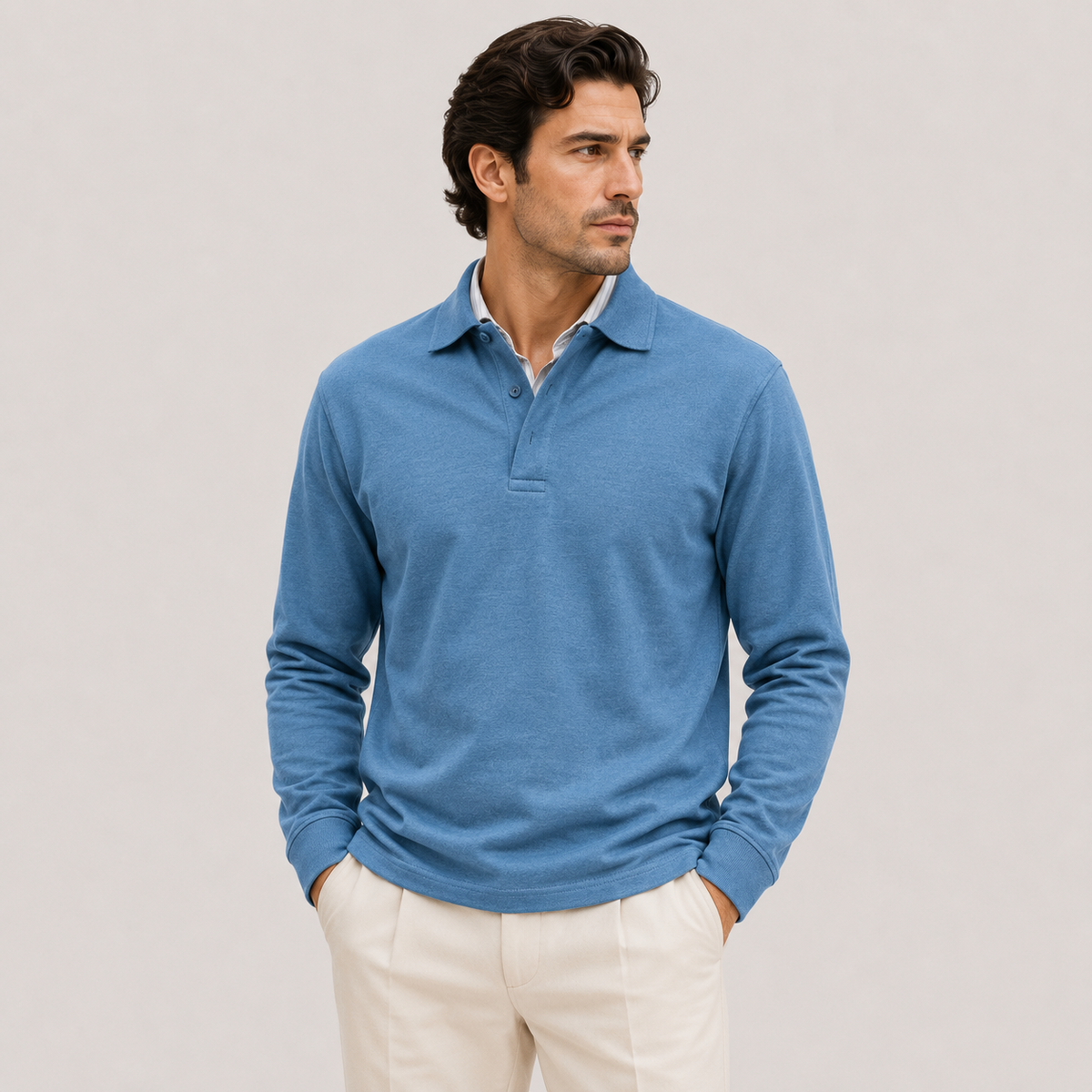 Polo Shirts Men Long Sleeve in Blue