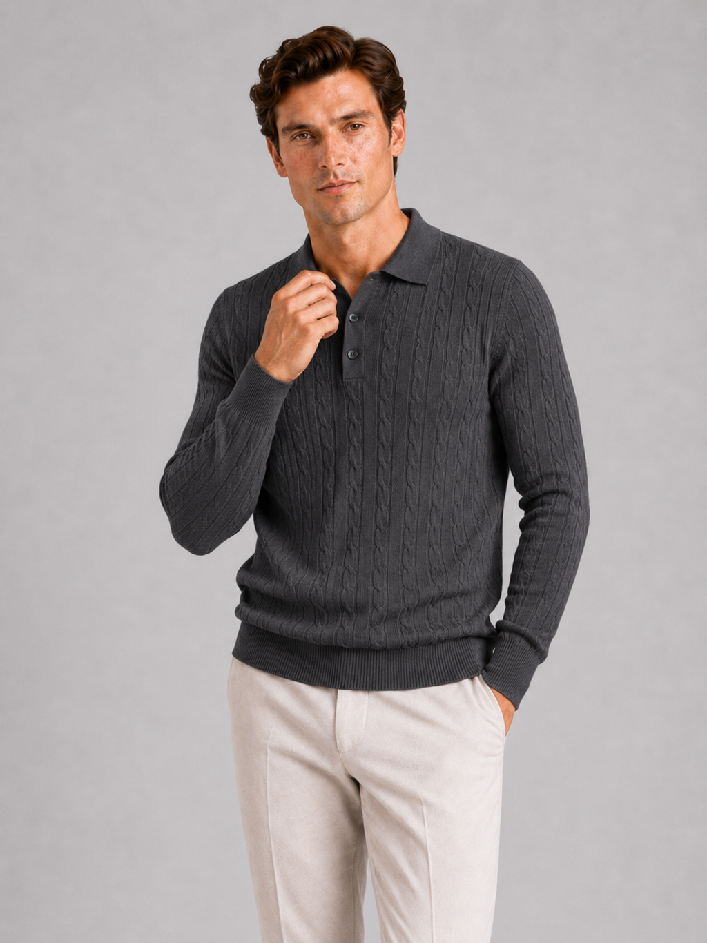 Men's Cable Knit Polo Sweater – Long Sleeve Collared Winter Knit | Nero & Luya