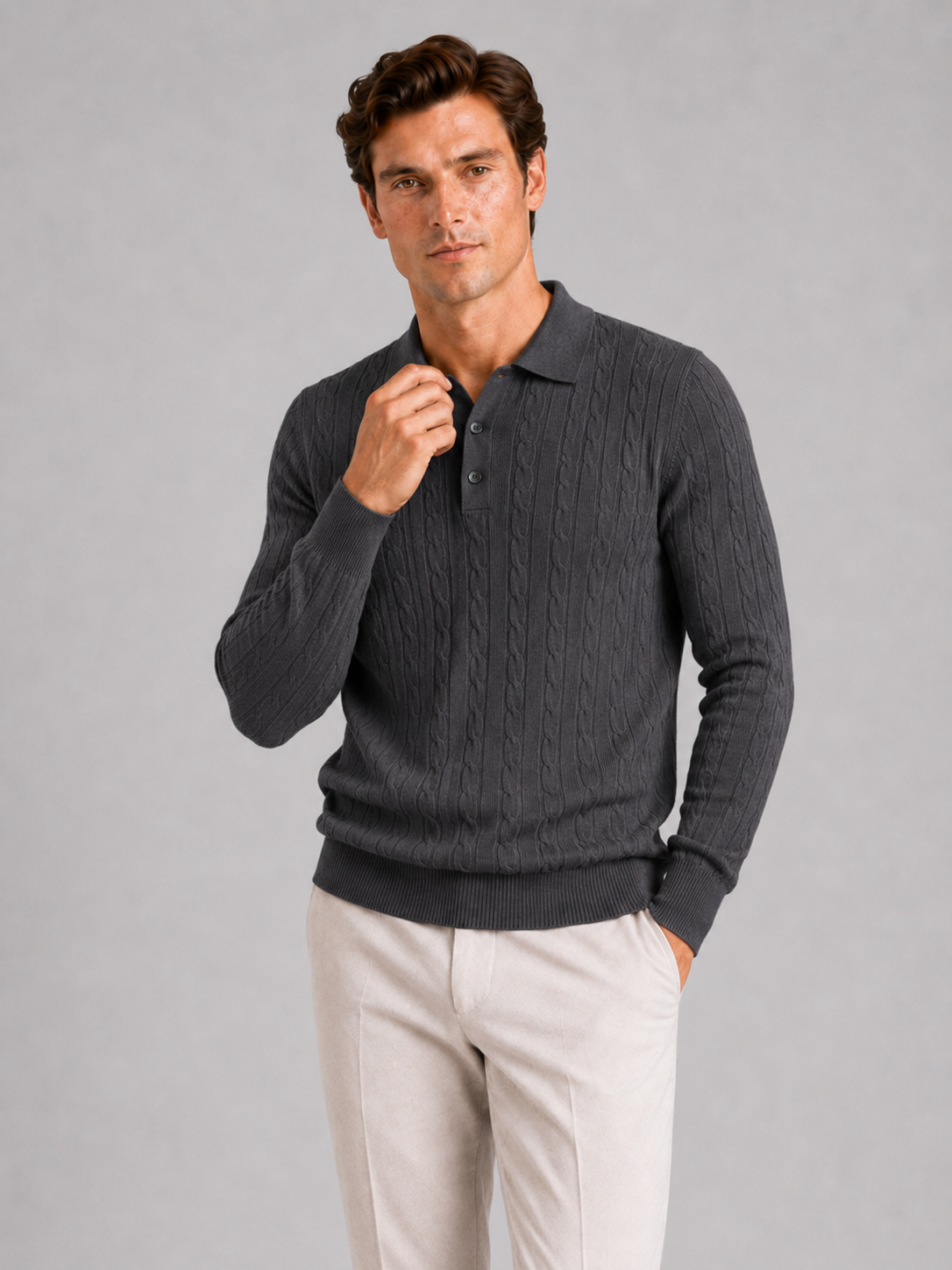 Men's Cable Knit Polo Sweater – Long Sleeve Collared Winter Knit | Nero & Luya