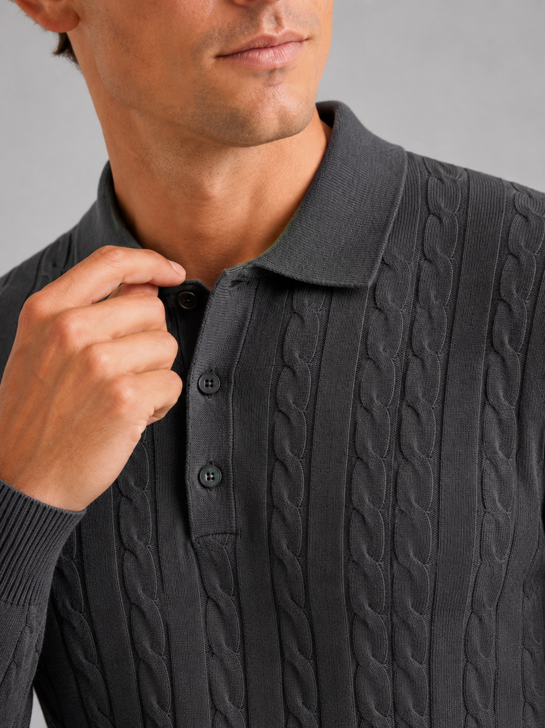 Men's Cable Knit Polo Sweater – Long Sleeve Collared Winter Knit | Nero & Luya